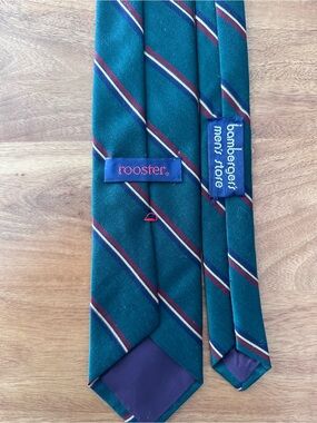 Vintage Rooster for Bamberger's Mens Teal Striped Silk Blend Necktie